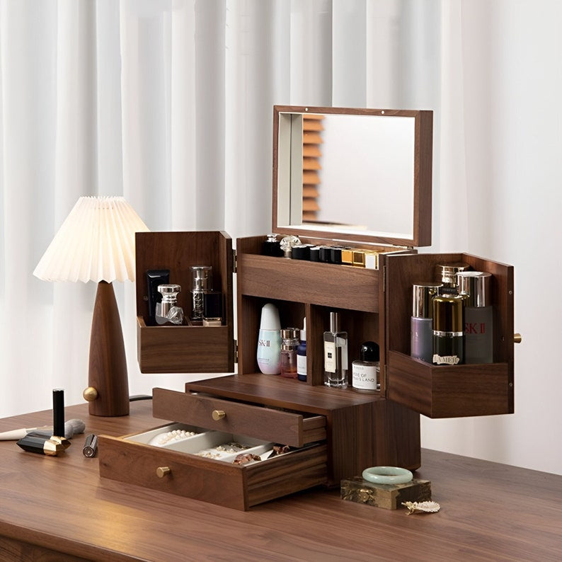 Solid Walnut Vanity Makeup Station with Drawers and Mirror