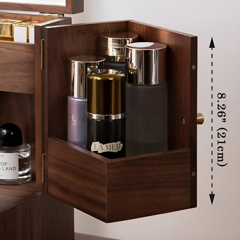 Walnut Vanity Storage Cabinet with Drawers and Mirror for Beauty Essentials