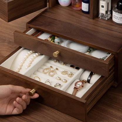 Walnut Vanity Storage Cabinet with Drawers and Mirror for Jewelry and Cosmetics