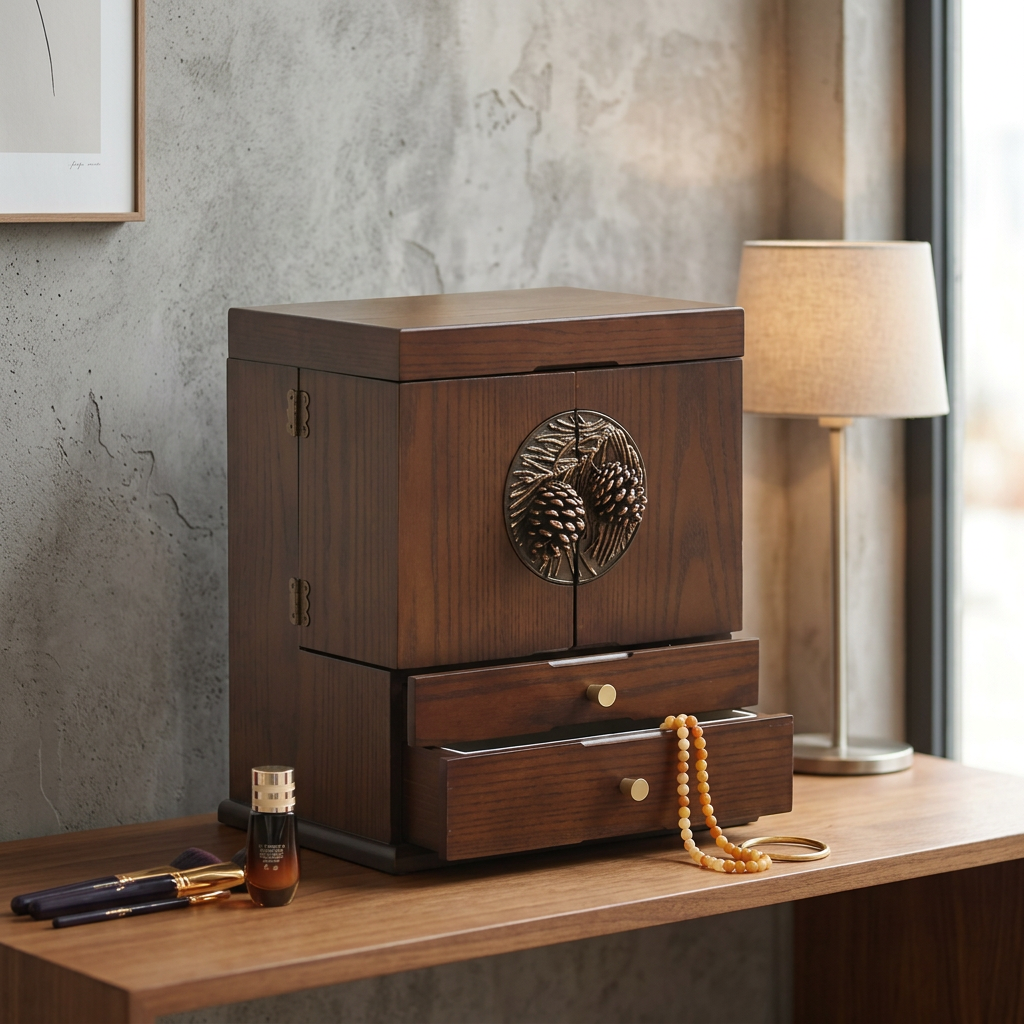 Walnut Wood Vanity Storage Cabinet with Pinecone Design