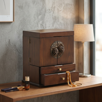 Walnut Wood Vanity Storage Cabinet with Pinecone Design