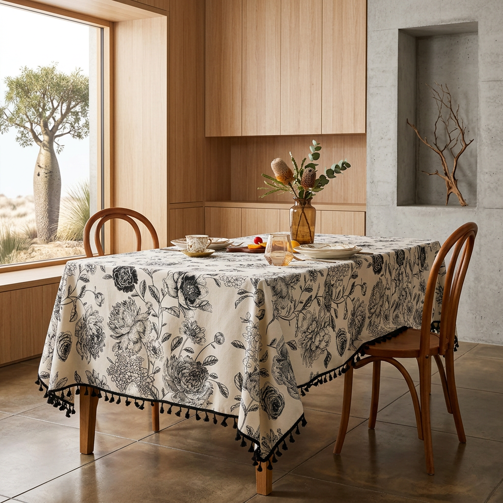 Elegant floral linen tablecloth with architectural ink designs, perfect for adding a touch of sophistication to any dining se