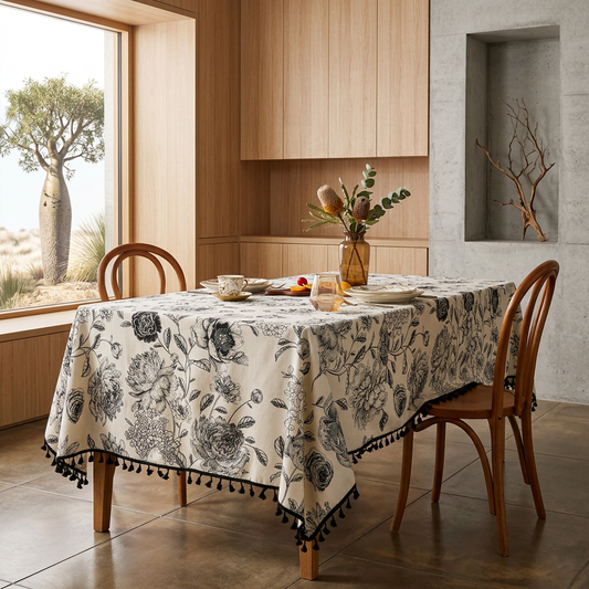 Elegant floral linen tablecloth with architectural ink designs, perfect for adding a touch of sophistication to any dining se
