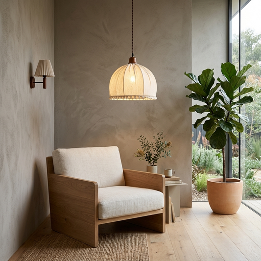 Elara Haus Kintsugi Dome – Architectural Pleated Linen Japandi Pendant