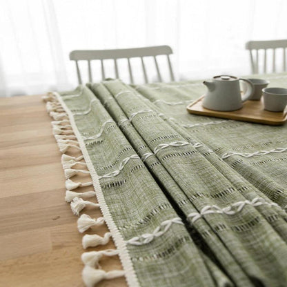 Architectural sage linen tablecloth with Kintsugi design and elegant style