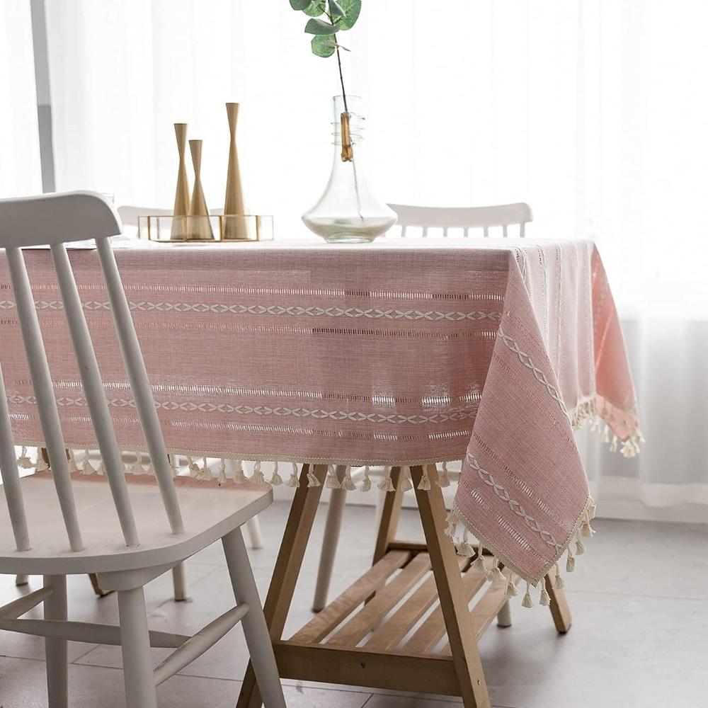 Architectural sage linen tablecloth with Kintsugi pattern in a room