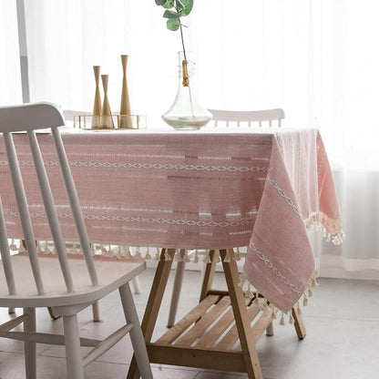 Architectural sage linen tablecloth with Kintsugi pattern in a room