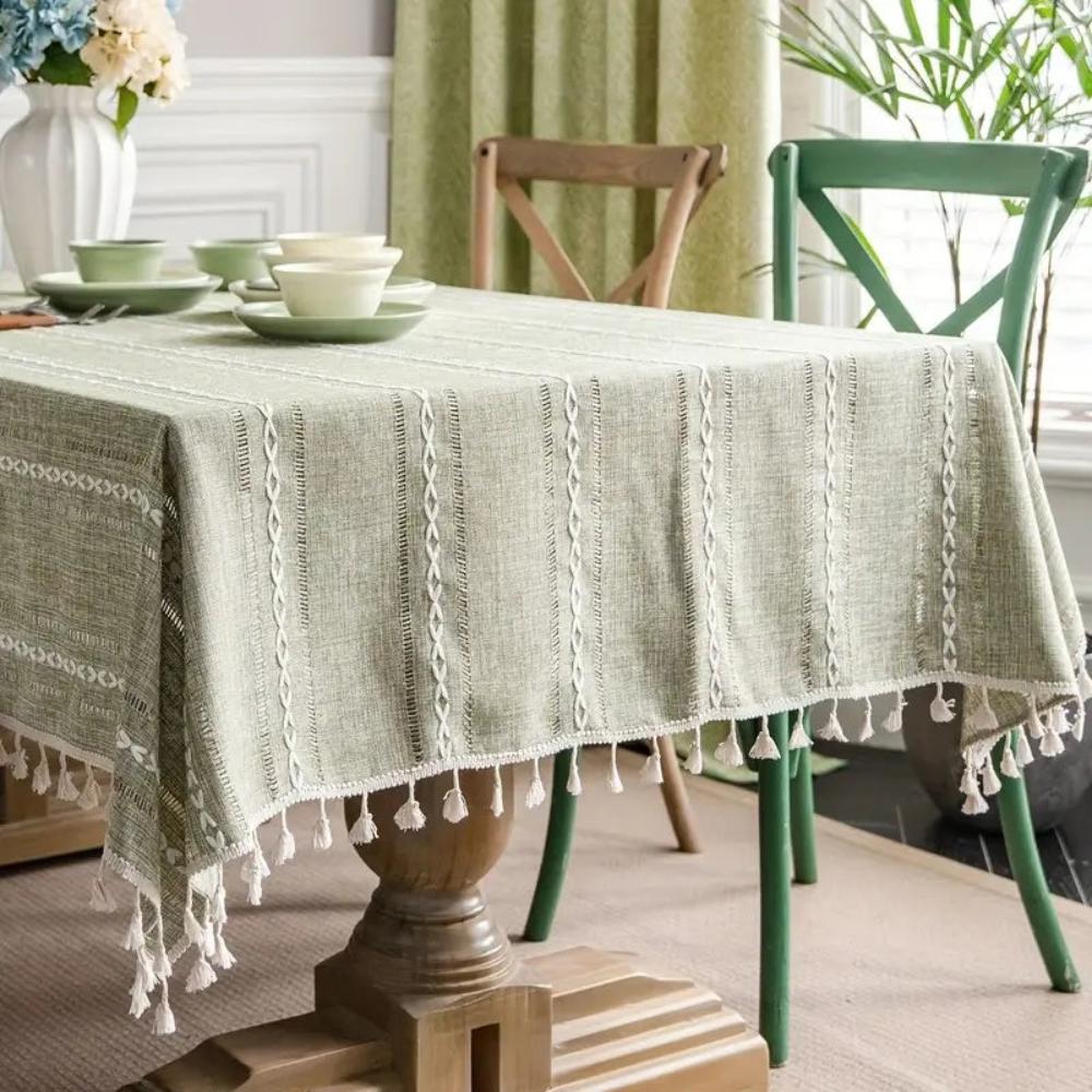 Stylish linen tablecloth with architectural sage color and Kintsugi design