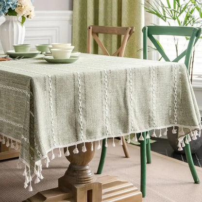 Stylish linen tablecloth with architectural sage color and Kintsugi design