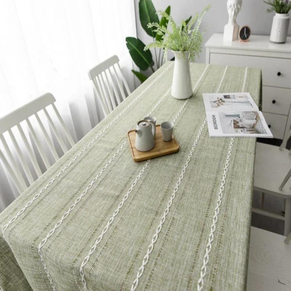 Elara Haus Kintsugi Architectural Sage Linen Tablecloth in a home setting