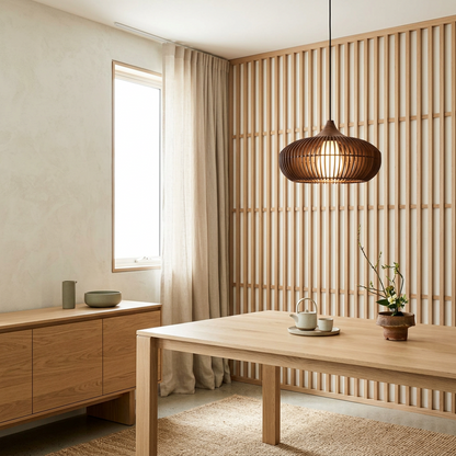 Elara Haus Kintsugi Halo – Architectural Slotted Timber Japandi Pendant