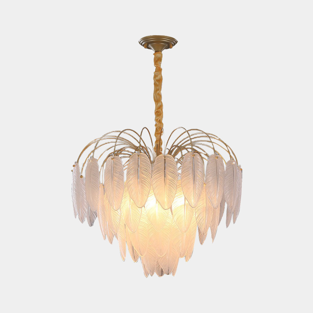 Modern chandelier made of ore glass feather, gold & white 1