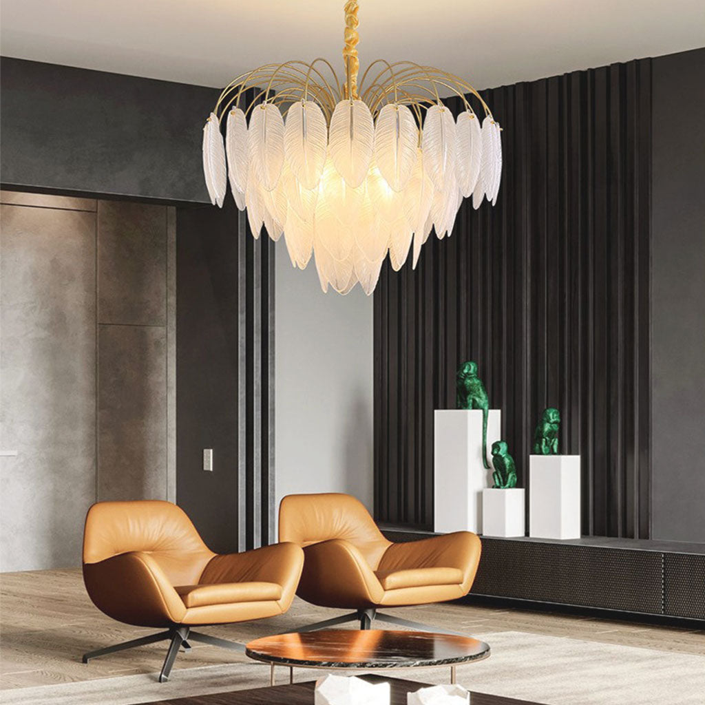 Modern chandelier made of ore glass feather, gold & white 3
