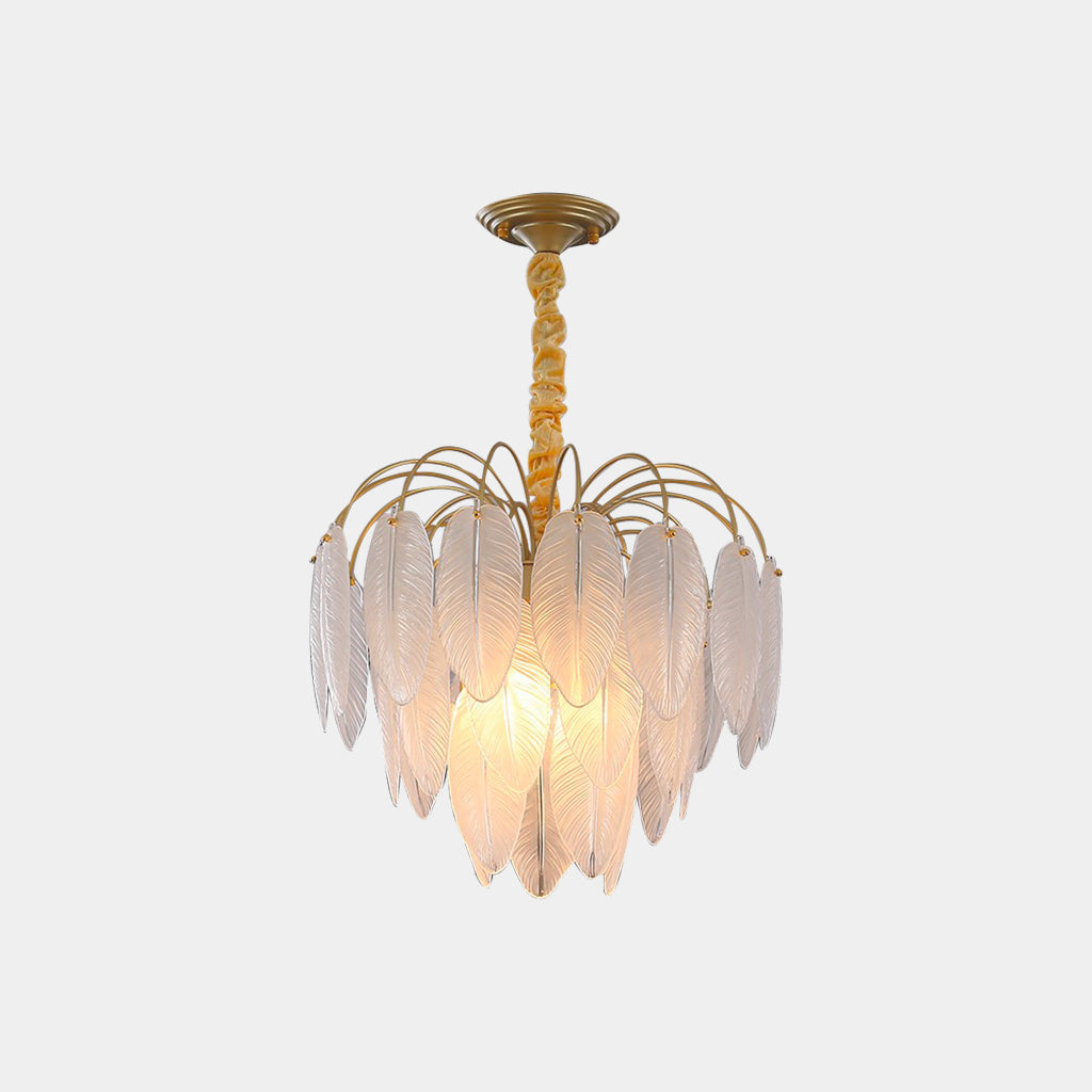 Modern chandelier made of ore glass feather, gold & white 6