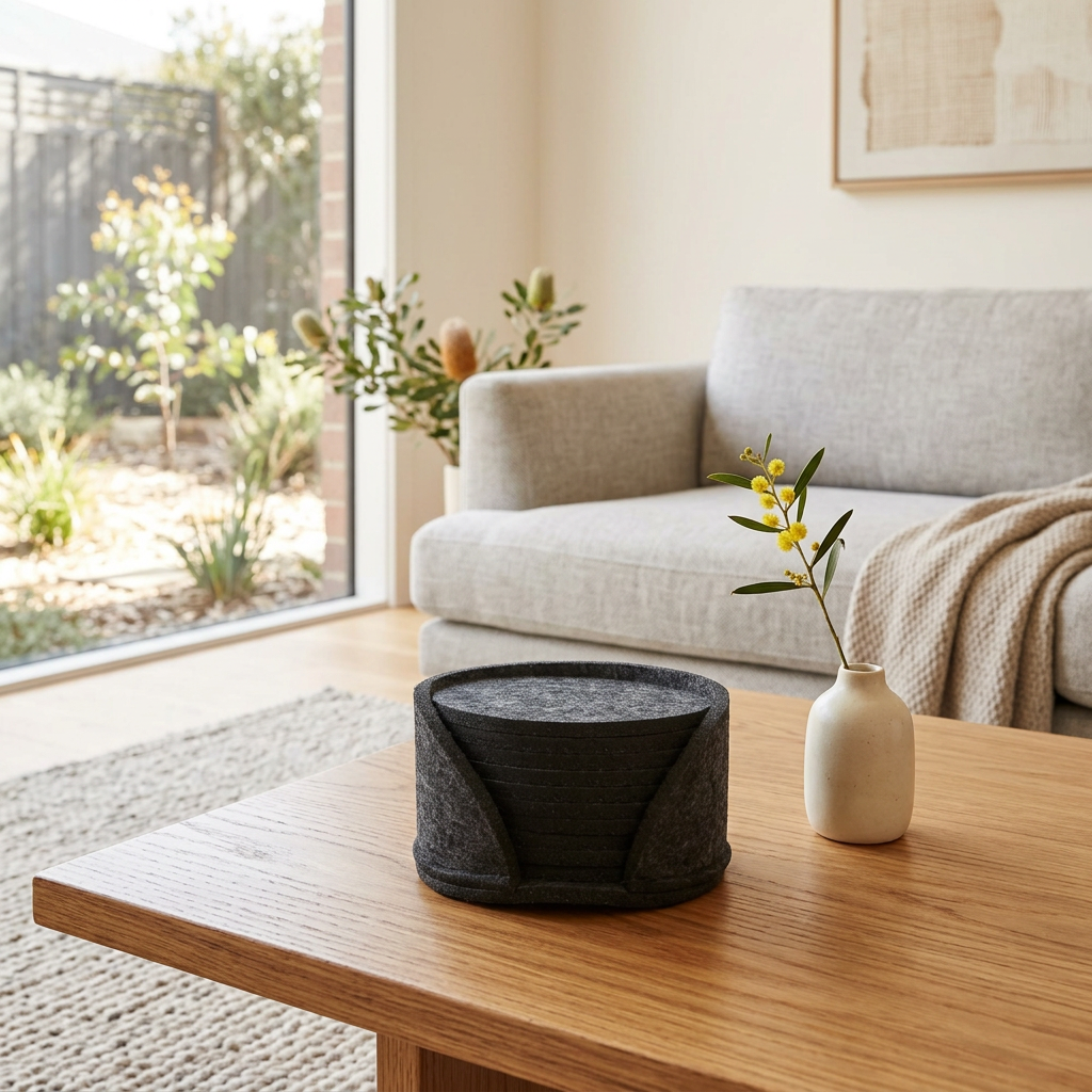 Set of Japandi-inspired Kintsugi Strata architectural felt coasters for home decor