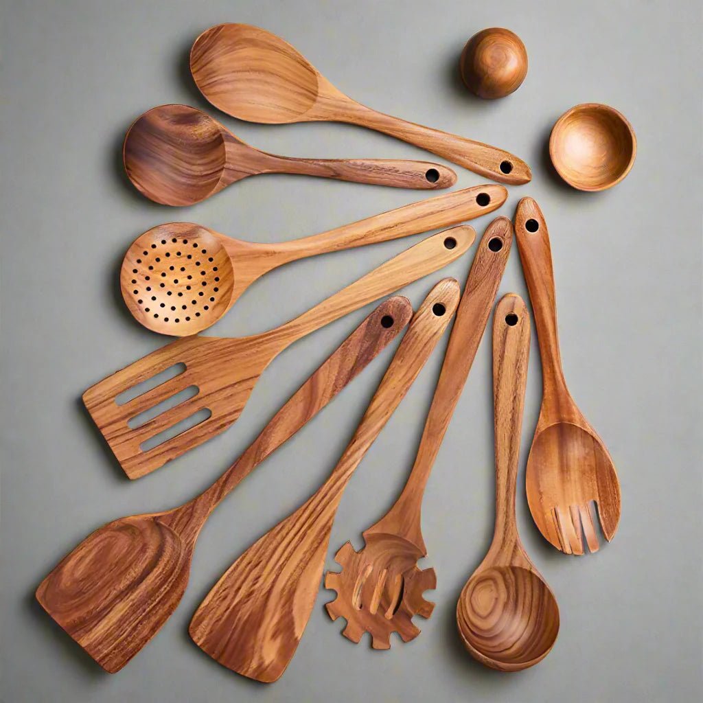 Elara Haus Kitchen Utensil Set - Handcrafted Teak Eco-Friendly Cooking Tools 7