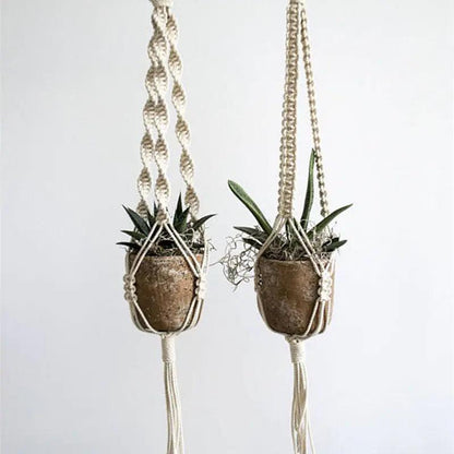 Handmade woven tapestry hanging basket planter with ceramic details