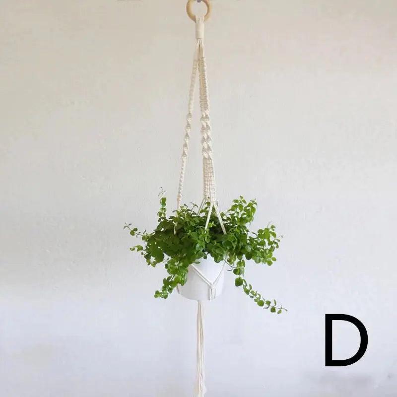 Unique woven tapestry hanging basket planter with ceramic design