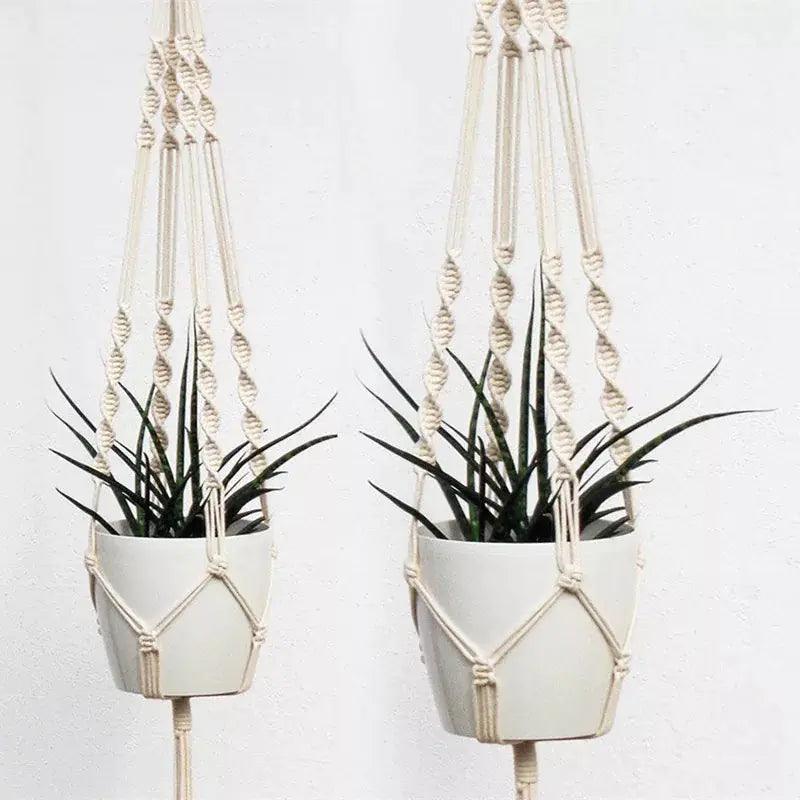 Handcrafted woven tapestry hanging basket planter with ceramic finish