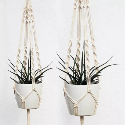 Handcrafted woven tapestry hanging basket planter with ceramic finish