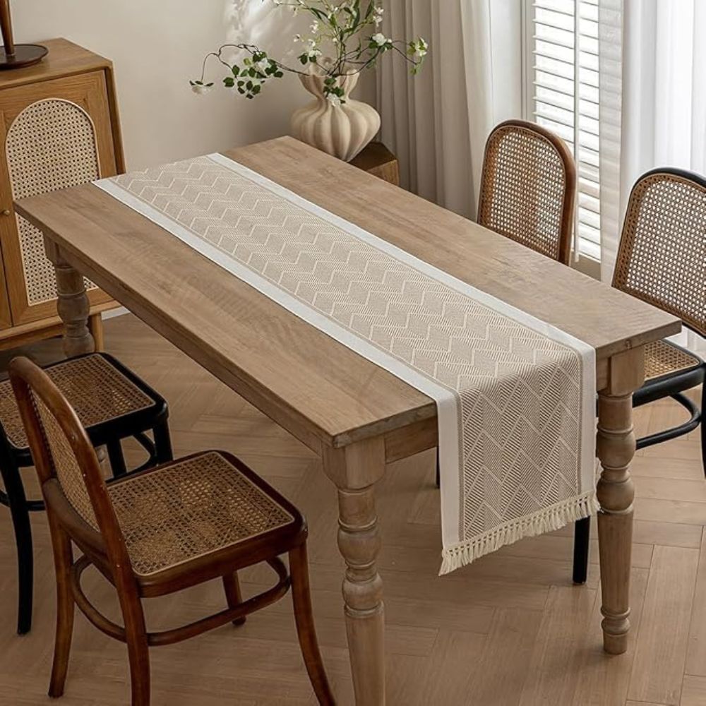 Table setting featuring Elara Haus Modern Arid Loom Table Runner
