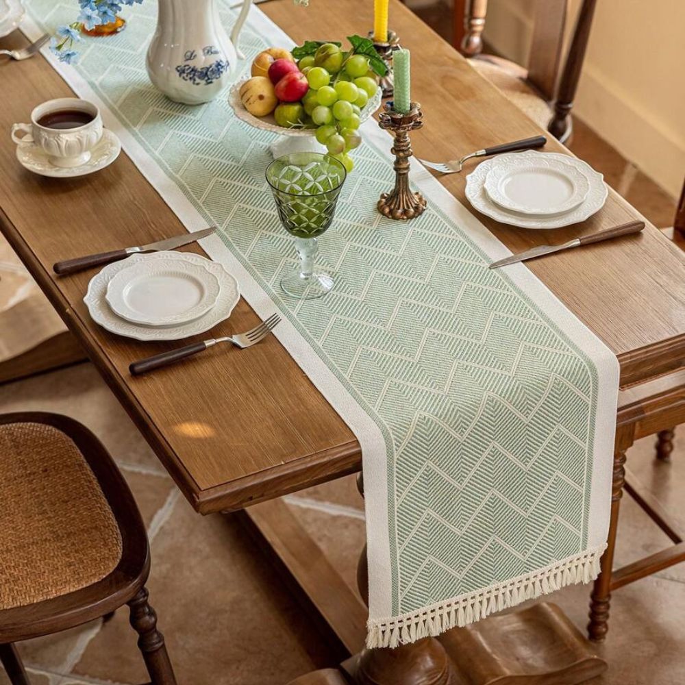 Table runner made with loom weaving technique by Elara Haus