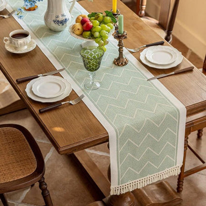 Table runner made with loom weaving technique by Elara Haus