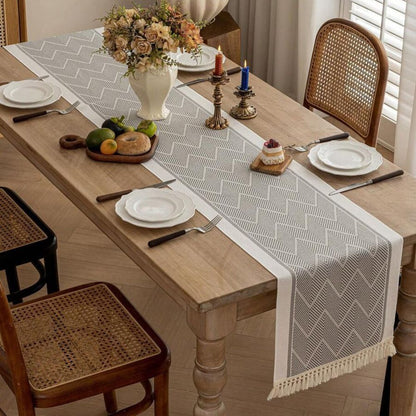 Loom woven table runner in modern arid design by Elara Haus