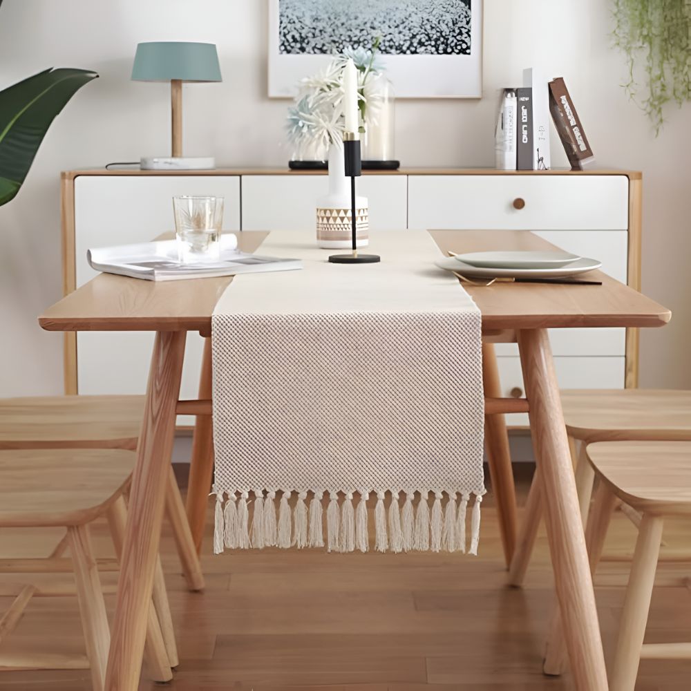 Close-up of boho woven table runner with intricate details