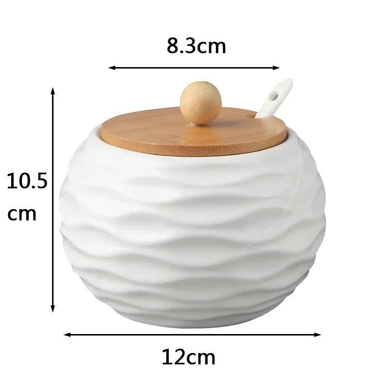 Close-up of ceramic sugar bowl with bamboo lid and relief pattern