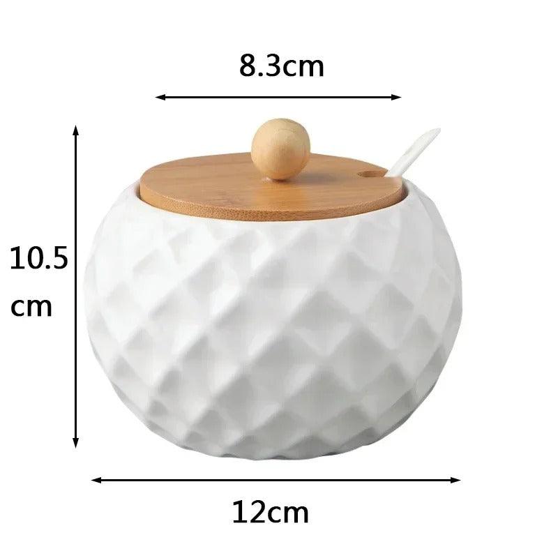 Top view of ceramic and bamboo sugar container with modern design