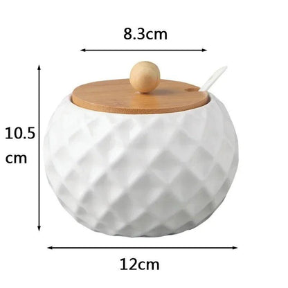 Top view of ceramic and bamboo sugar container with modern design