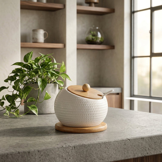 Ceramic sugar bowl with dimpled design and natural bamboo lid