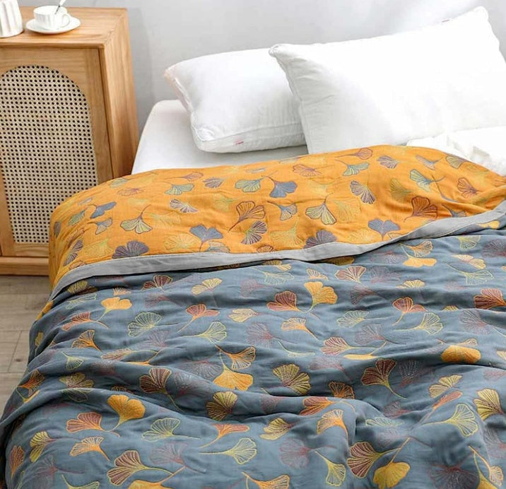 Premium Elara Haus reversible cotton throw with stunning ginkgo leaf design for home decor