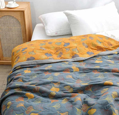 Premium Elara Haus reversible cotton throw with stunning ginkgo leaf design for home decor