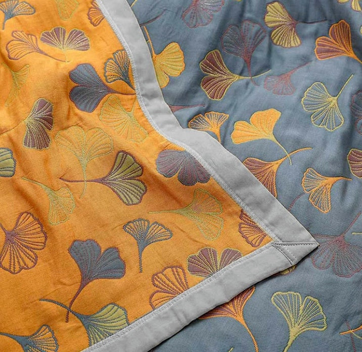 Elara Haus Premium Cotton Throw - Reversible Ginkgo Design