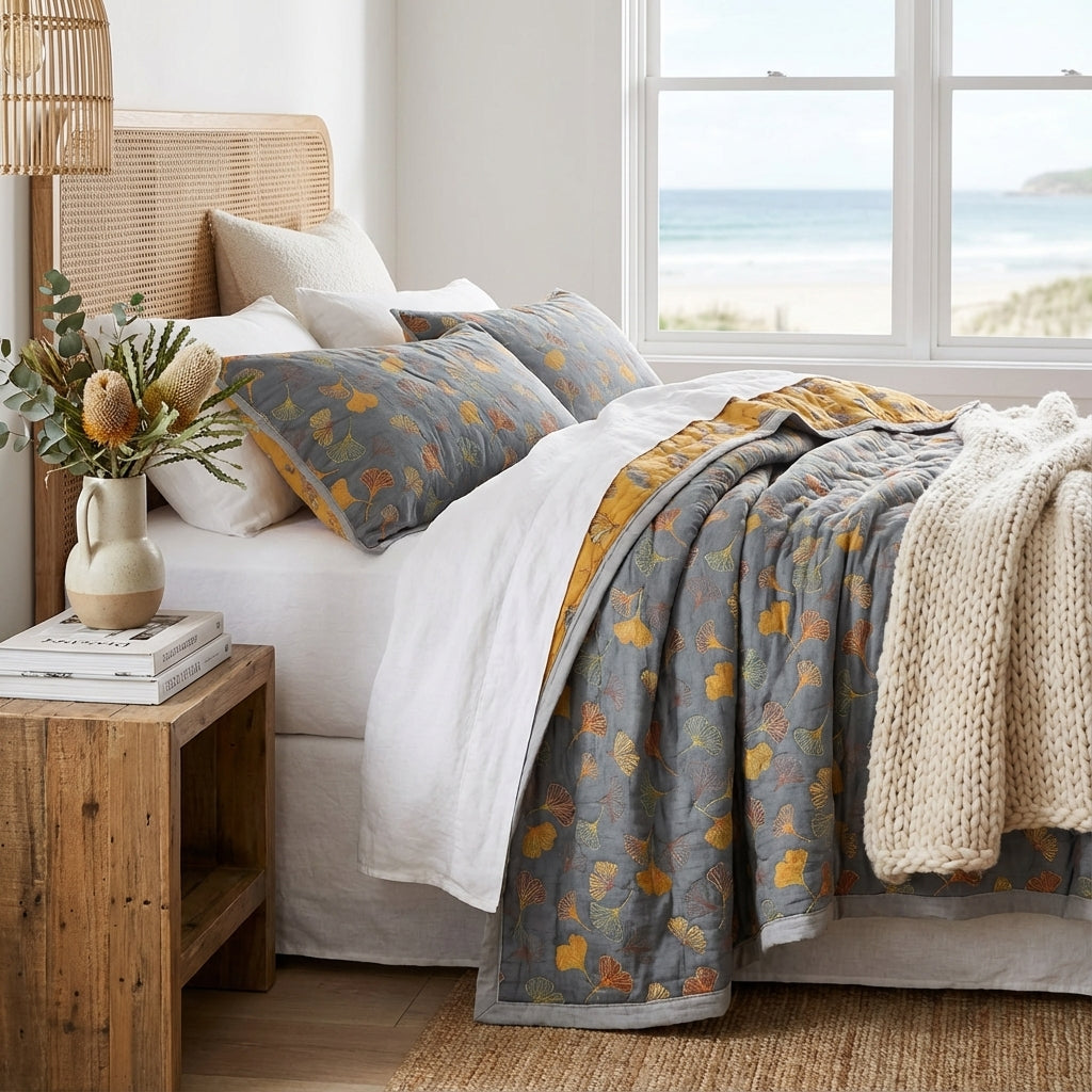 Elegant Elara Haus reversible cotton throw featuring a natural ginkgo leaf design