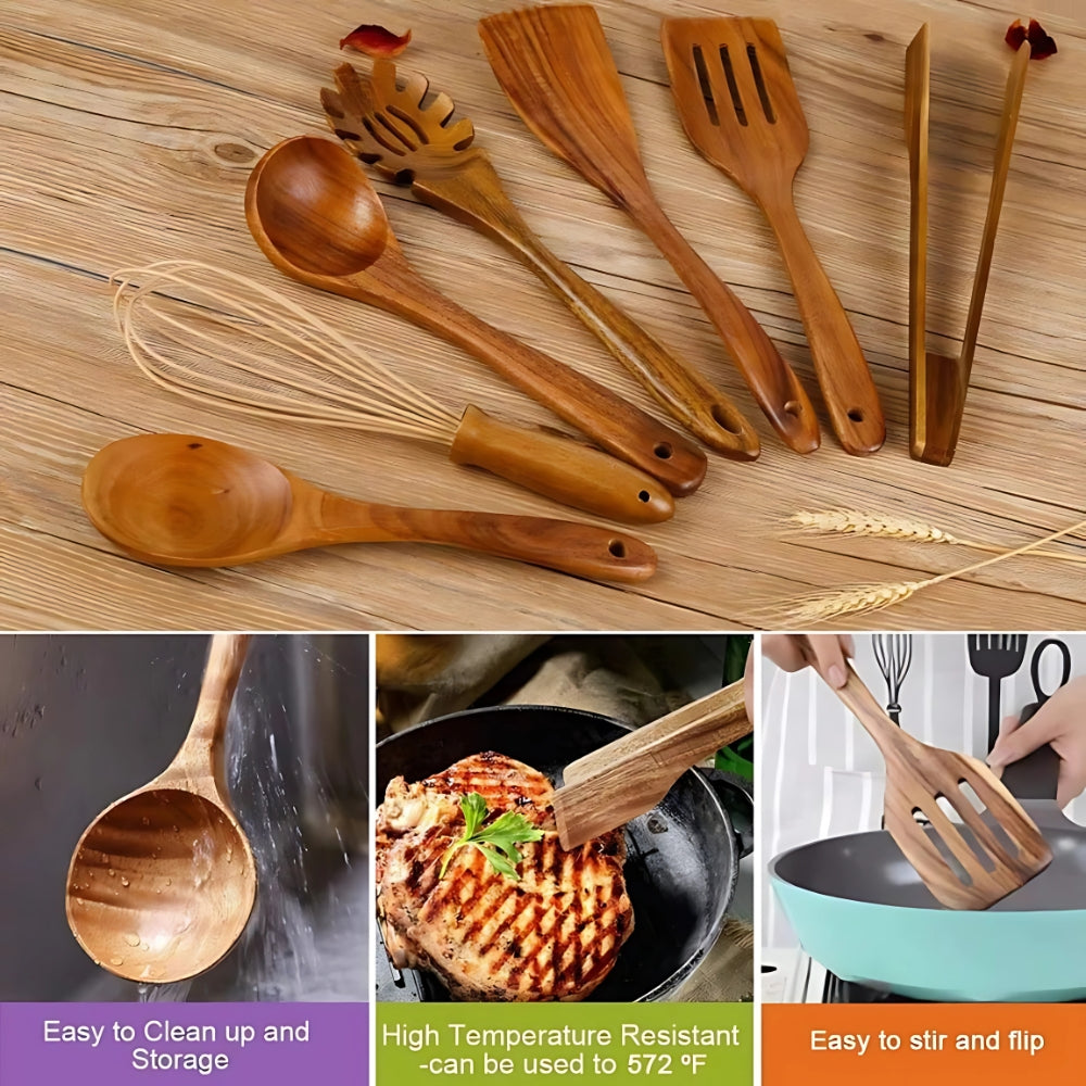 Set of 7 premium wooden kitchen utensils from Elara Haus, perfect for cooking and baking.