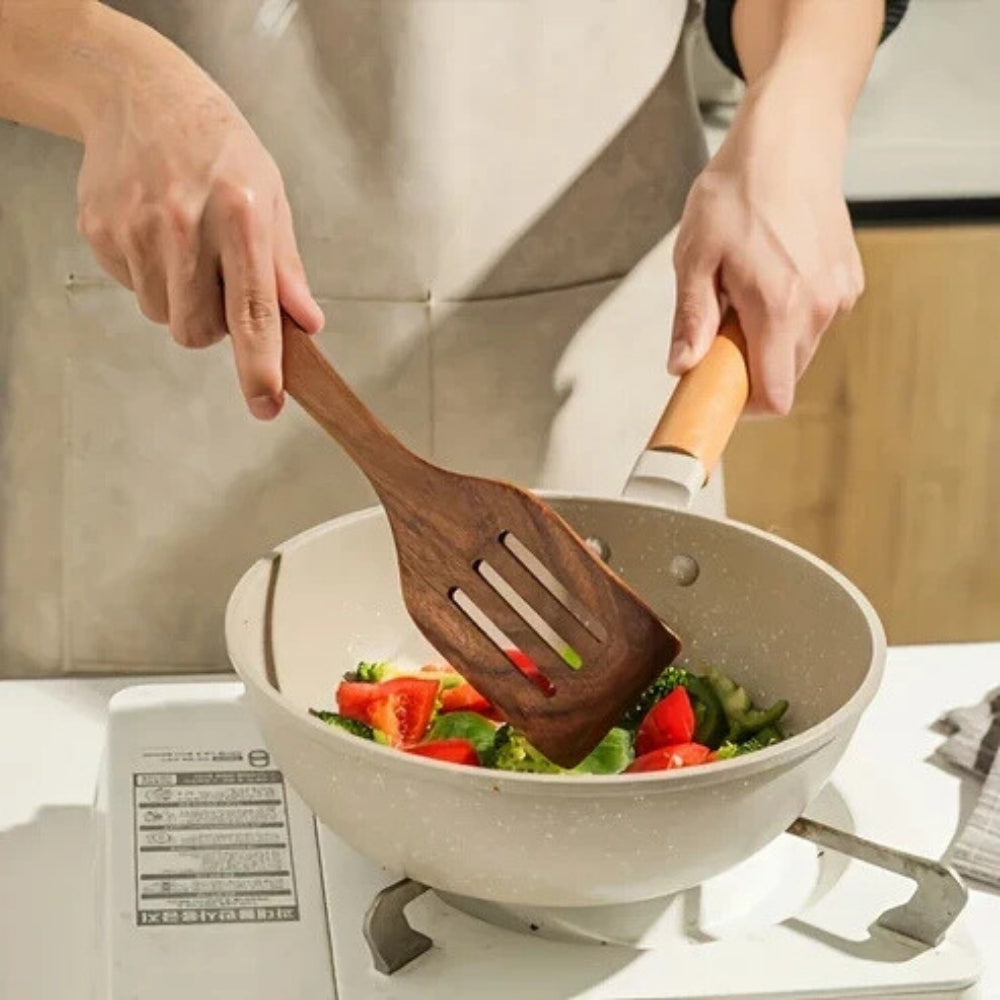 Details of Elara Haus premium wooden kitchen utensil set, including spatulas, spoons, and whisks.