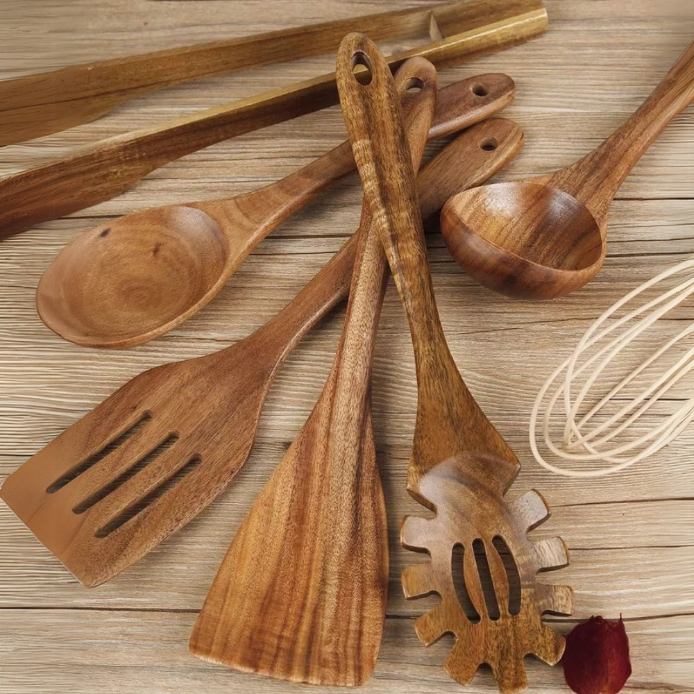 Elara Haus 7-piece wooden kitchen utensil set, ideal for cooking, serving, and entertaining.