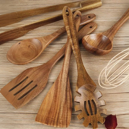 Elara Haus 7-piece wooden kitchen utensil set, ideal for cooking, serving, and entertaining.