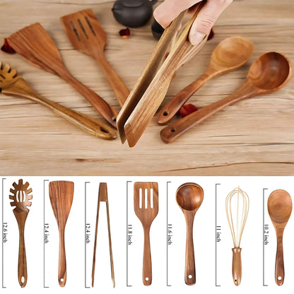 Elara Haus premium wooden kitchen utensils, 7-piece cooking set, made from high-quality wood material.