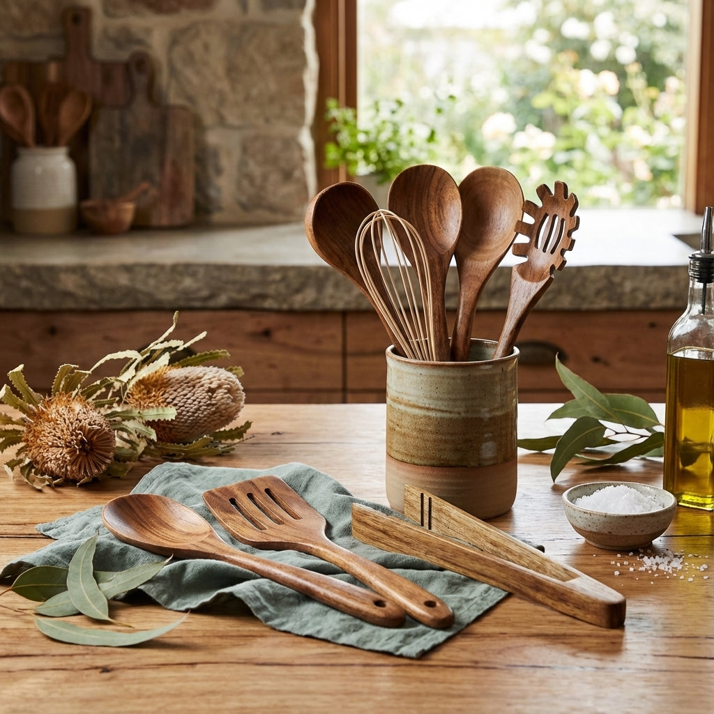 Premium wooden kitchen utensil set featuring 7 essential cooking tools from Elara Haus.