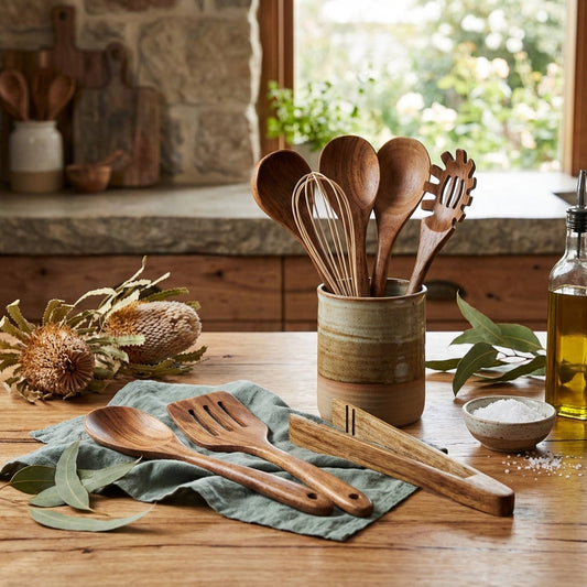 Premium wooden kitchen utensil set featuring 7 essential cooking tools from Elara Haus.