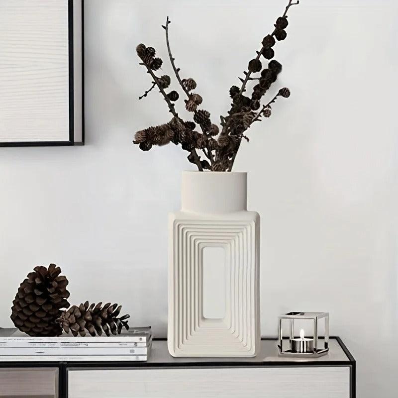 Square ceramic vase with Nordic design for living room or office.