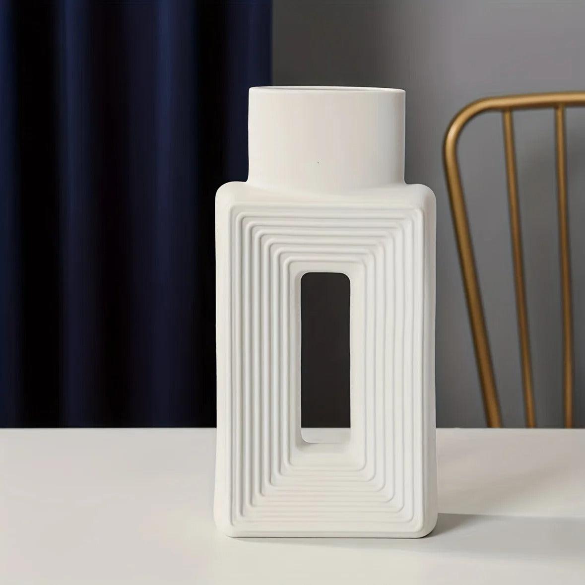 Square stoneware vase with Nordic design for modern and minimalist home.