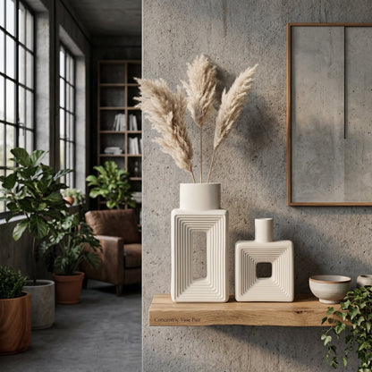 Square stoneware donut vase with relief design for home decor.