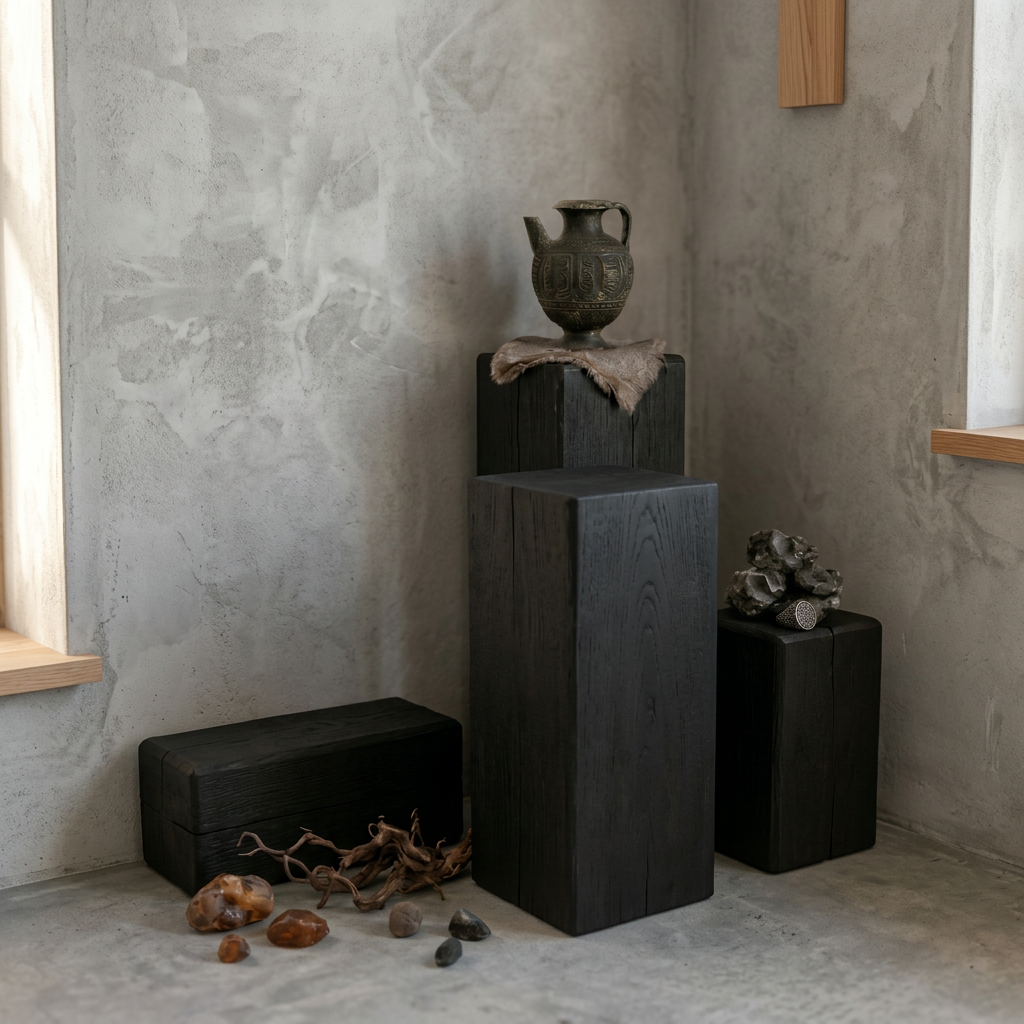 Elara Haus Sculptural Charred Timber Pedestal Stand for home decor