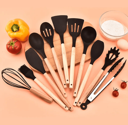 Elara Haus Silicone Cooking Utensils - Non-Toxic BPA Free Wooden Handles 10