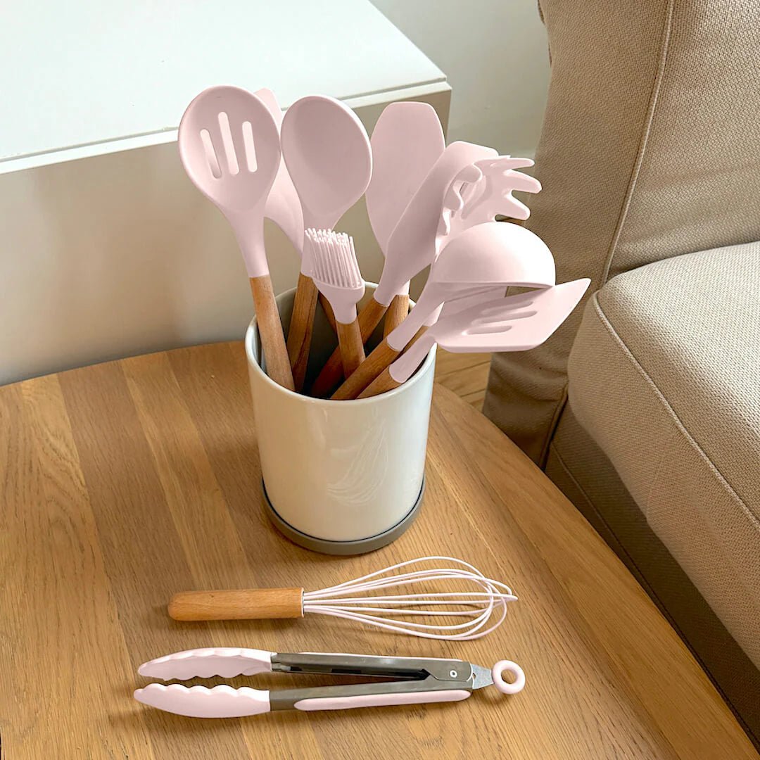 Elara Haus Silicone Cooking Utensils - Non-Toxic BPA Free Wooden Handles 8